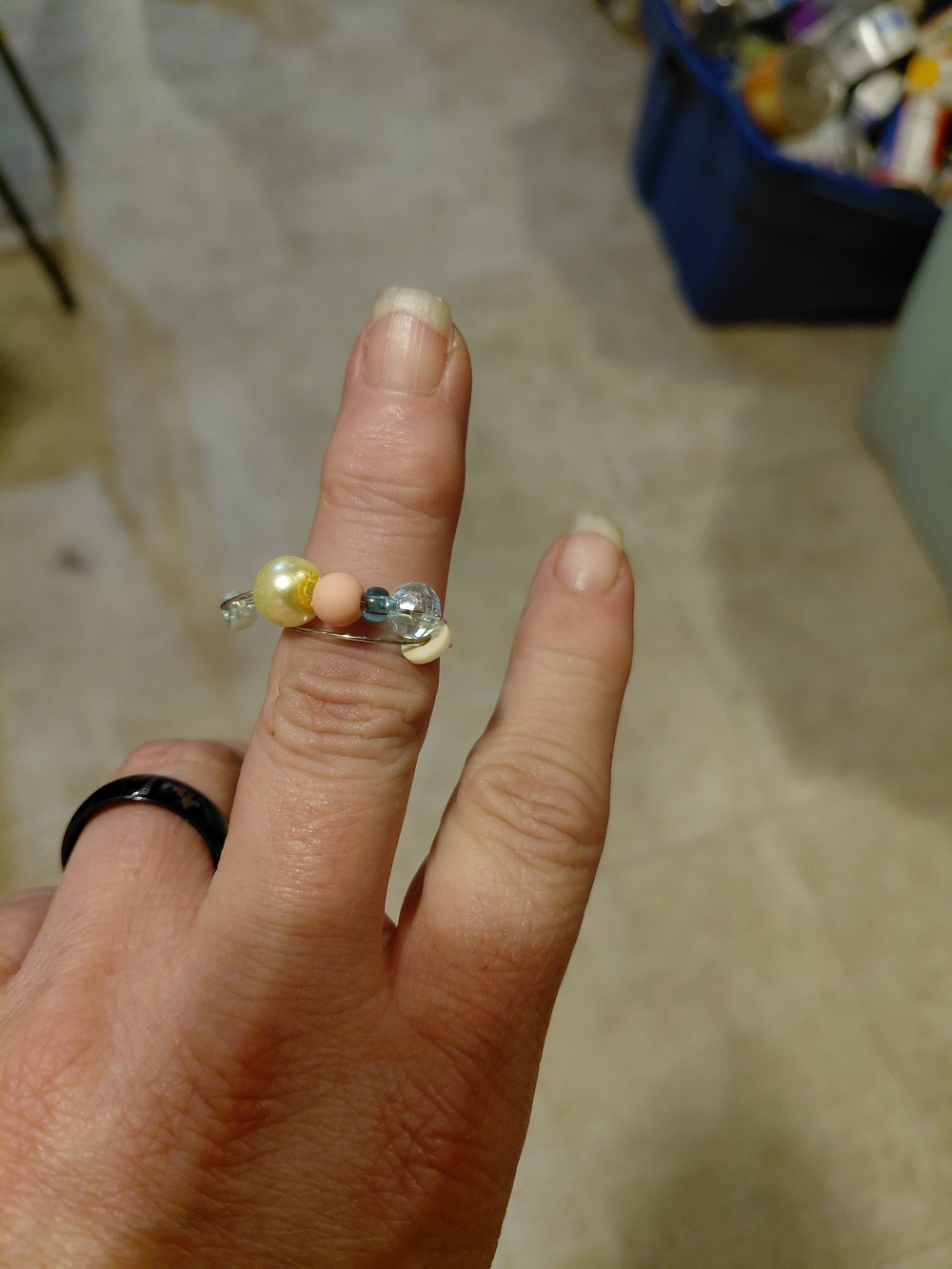 Multicolor Beaded Adjustable Ring — Yellow, Peach & Light Blue